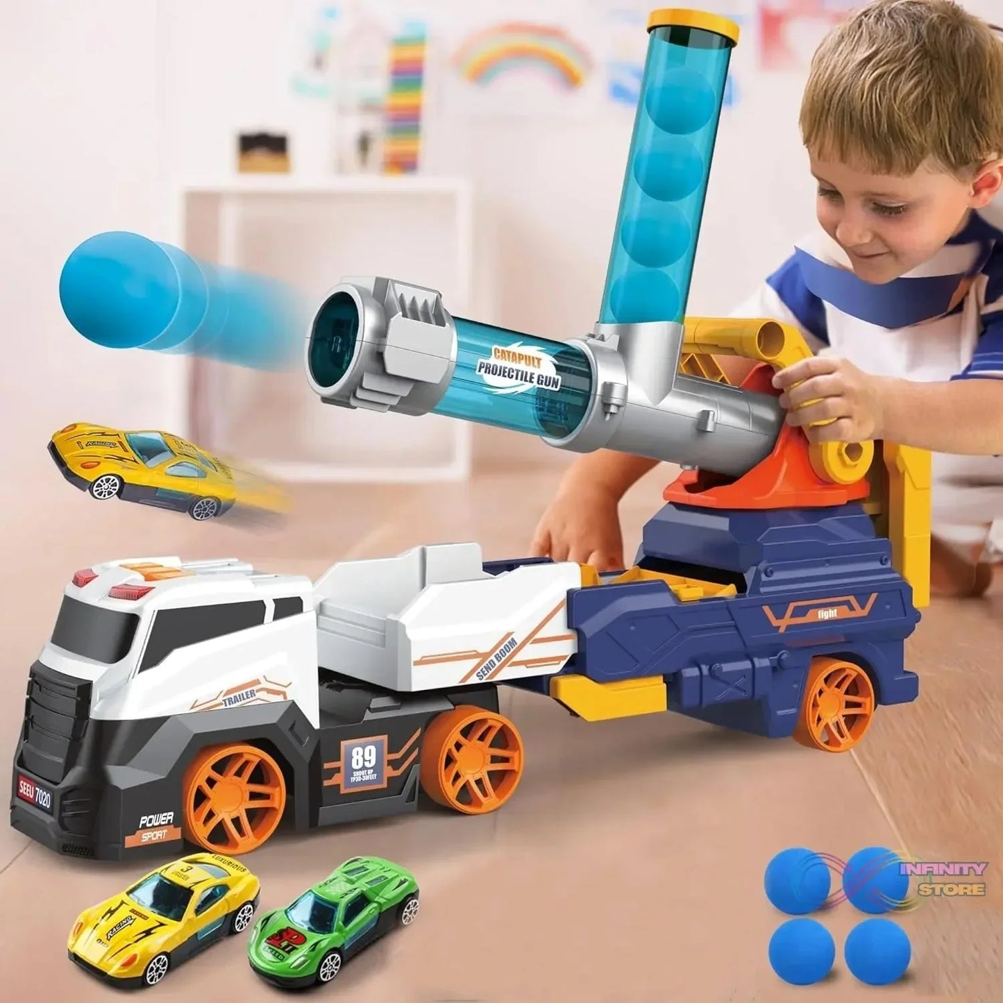 Large Truck Toys Include 2 Racing Cars+4 Ball, with Light & Sounds (Battery Not Included) - infinityexculsivestore.com