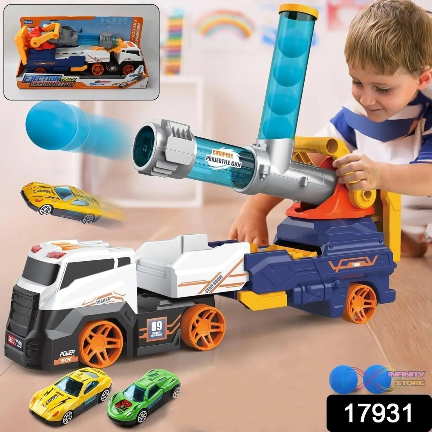 Large Truck Toys Include 2 Racing Cars+4 Ball, with Light & Sounds (Battery Not Included) - infinityexculsivestore.com