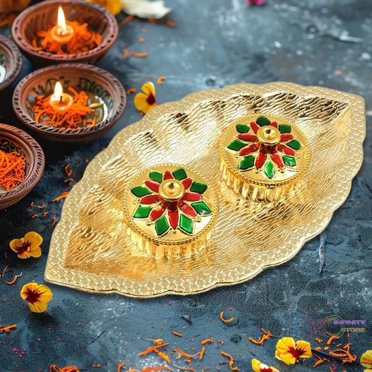 Leaf Shape Special Puja Thali (1 Pc / Mix Design) - infinityexculsivestore.com