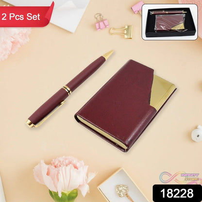 Leather Professional Business Visiting Card Case With Luxury Ballpoint Blue Pens (2 Pc Set / With Gift Box) - infinityexculsivestore.com