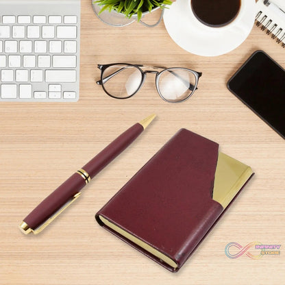 Leather Professional Business Visiting Card Case With Luxury Ballpoint Blue Pens (2 Pc Set / With Gift Box) - infinityexculsivestore.com