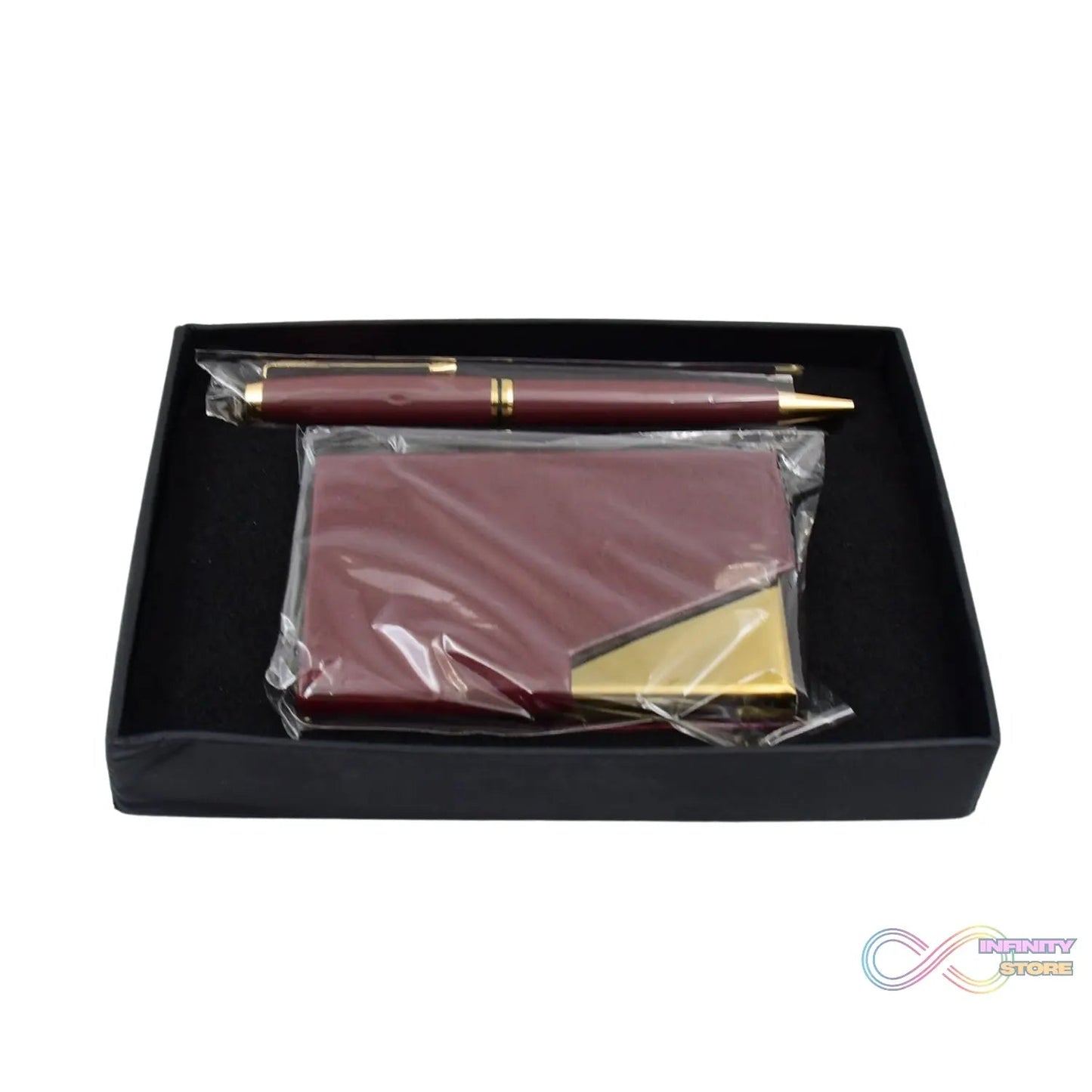 Leather Professional Business Visiting Card Case With Luxury Ballpoint Blue Pens (2 Pc Set / With Gift Box) - infinityexculsivestore.com