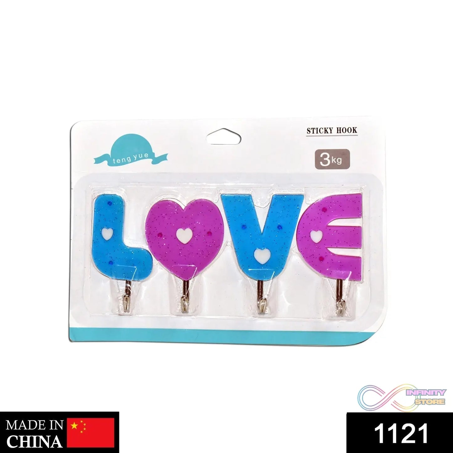 Self-adhesive hooks in love shape for wall mounting.