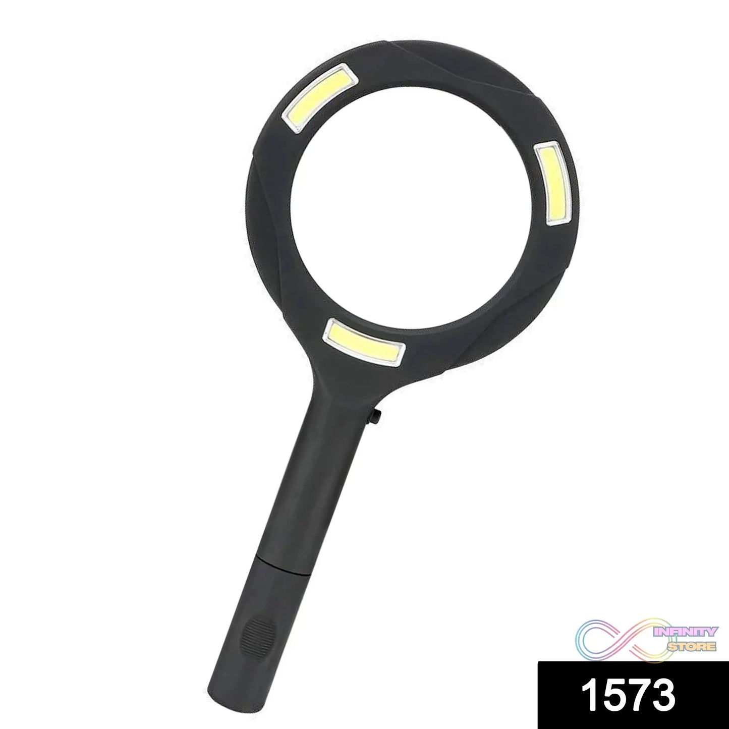 Magnifying glass with SKU code and LED lights.