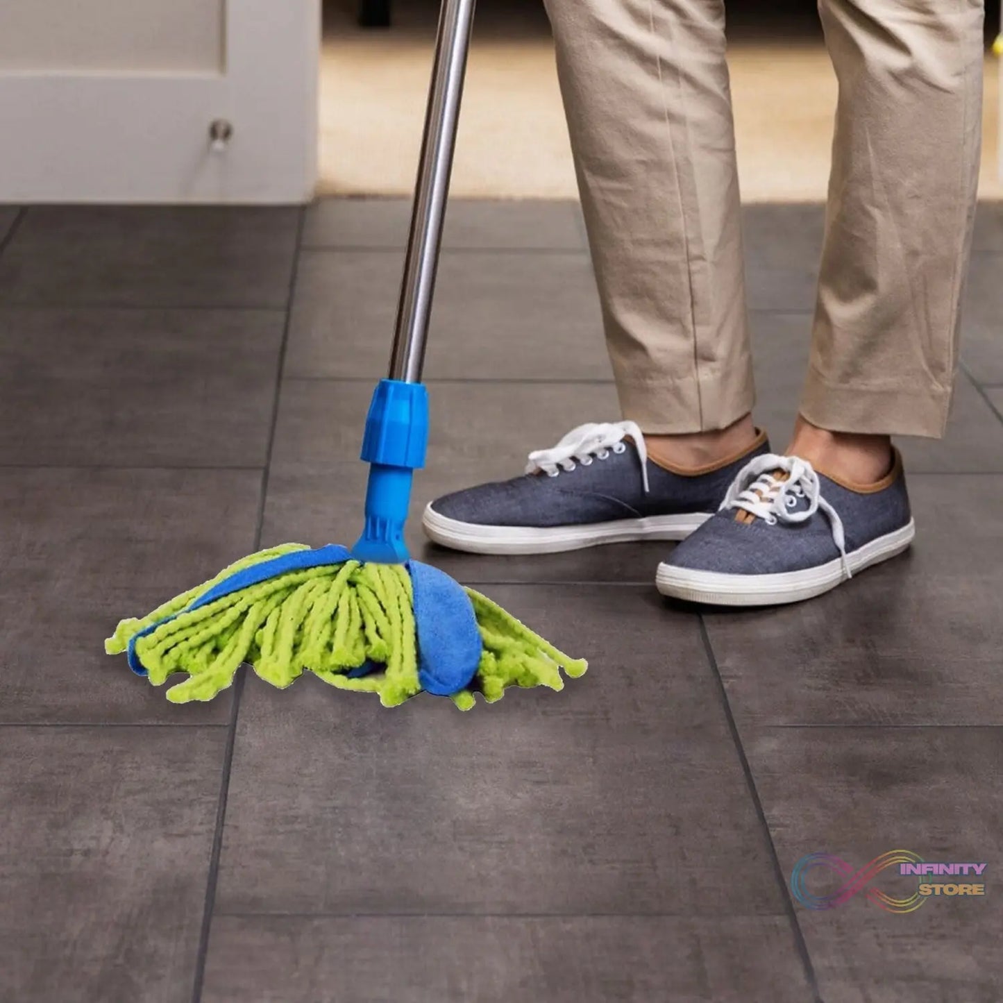 Microfiber cone mop and broom for cleaning, various perspectives and details.
