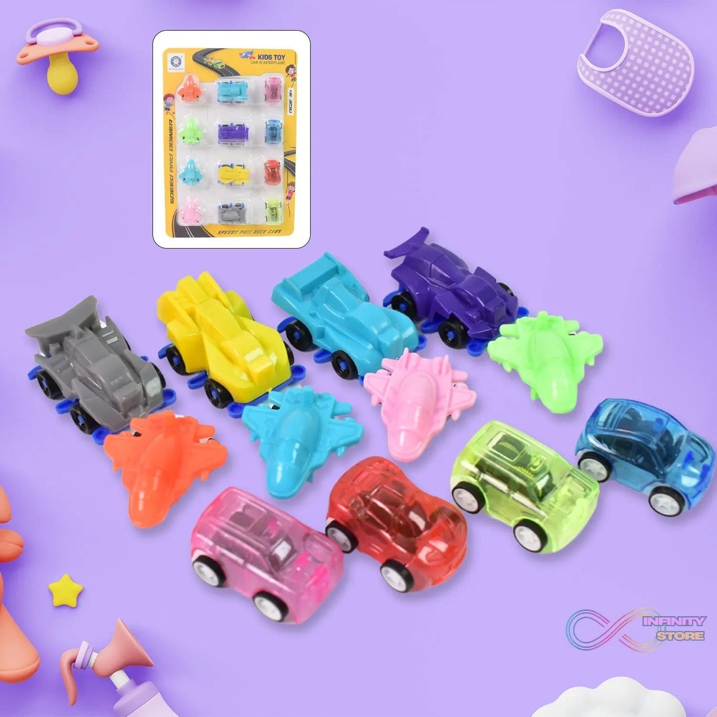 Mini Pull Back Car & Aeroplane Plastic Pull Back Car Cartoon Toys (12 Pcs Set) - infinityexculsivestore.com