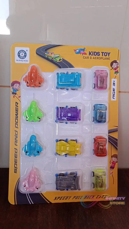 Mini Pull Back Car & Aeroplane Plastic Pull Back Car Cartoon Toys (12 Pcs Set) - infinityexculsivestore.com