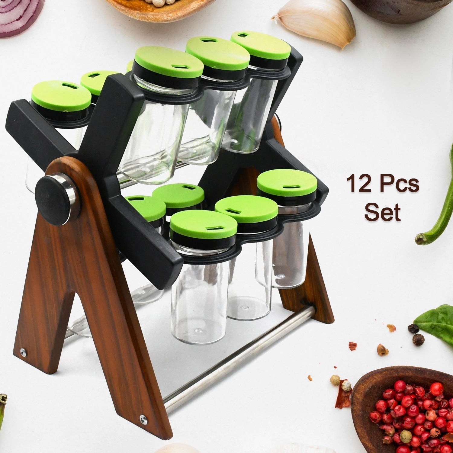 Miracle Multipurpose Wooden Spice Rack for Kitchen 12 Jars | 360 Degree Revolving Masala Box Container Spice Rack Containers Set (12 pcs Set) - infinityexculsivestore.com