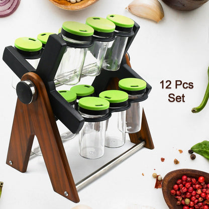 Miracle Multipurpose Wooden Spice Rack for Kitchen 12 Jars | 360 Degree Revolving Masala Box Container Spice Rack Containers Set (12 pcs Set) - infinityexculsivestore.com