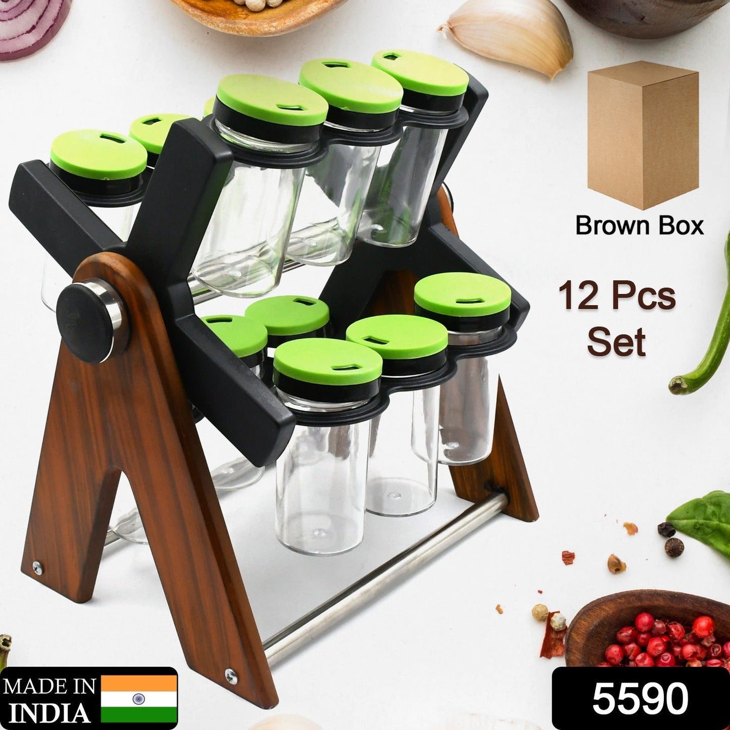 Miracle Multipurpose Wooden Spice Rack for Kitchen 12 Jars | 360 Degree Revolving Masala Box Container Spice Rack Containers Set (12 pcs Set) - infinityexculsivestore.com