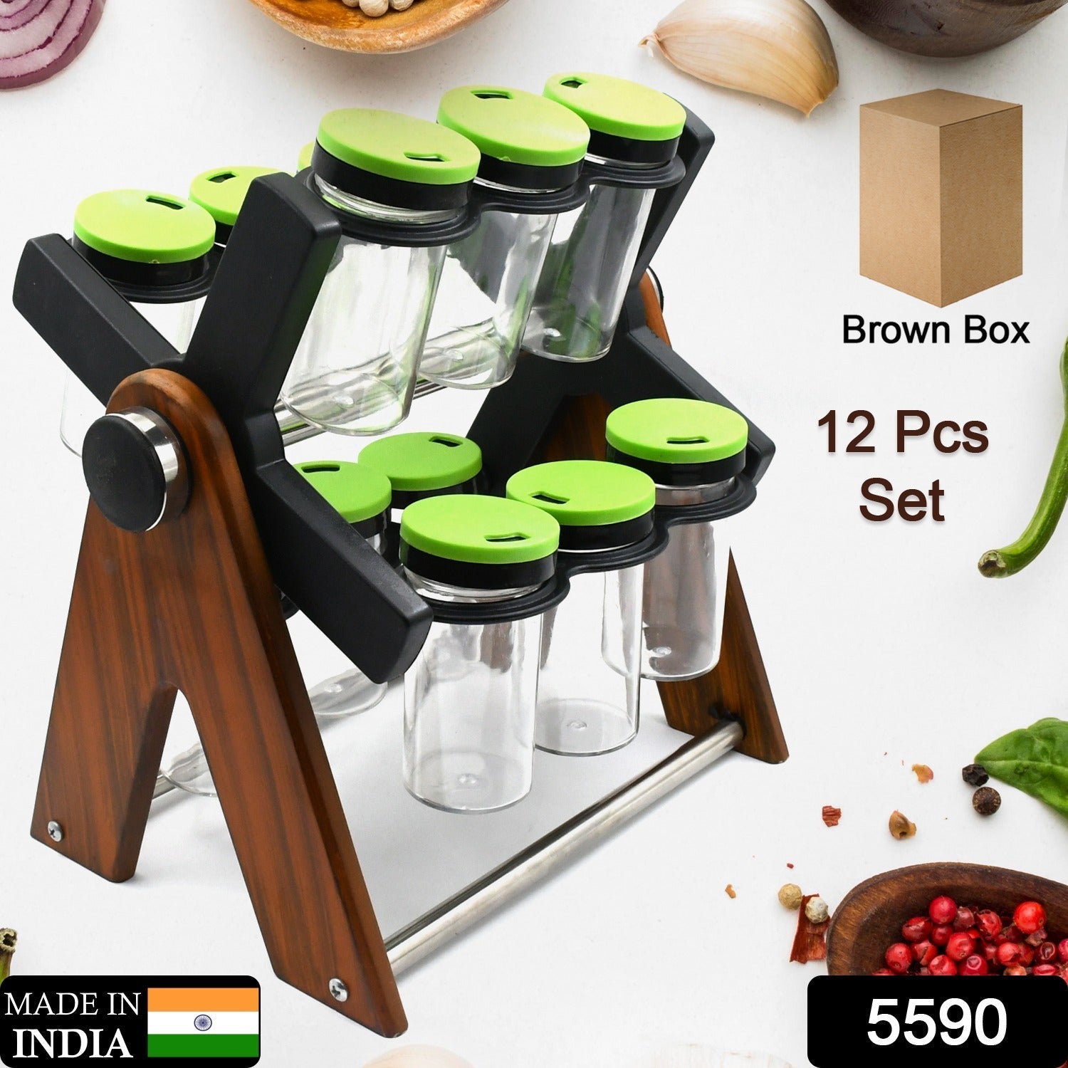 Miracle Multipurpose Wooden Spice Rack for Kitchen 12 Jars | 360 Degree Revolving Masala Box Container Spice Rack Containers Set (12 pcs Set) - infinityexculsivestore.com