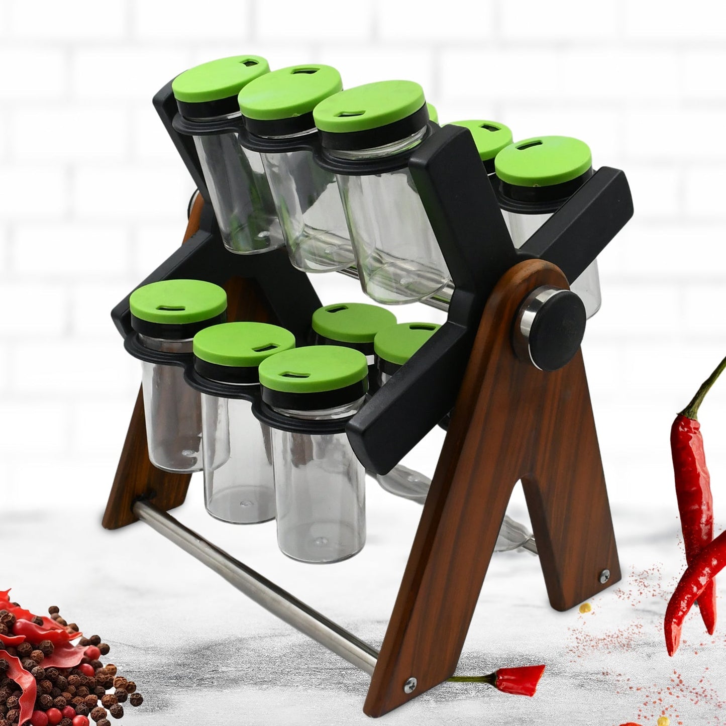 Miracle Multipurpose Wooden Spice Rack for Kitchen 12 Jars | 360 Degree Revolving Masala Box Container Spice Rack Containers Set (12 pcs Set) - infinityexculsivestore.com