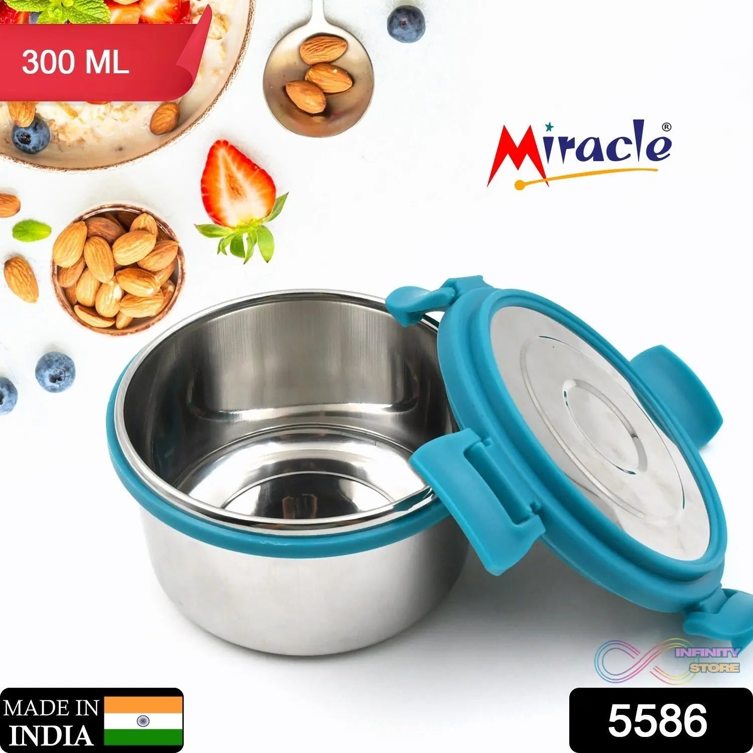 Miracle Solo round Lunch box High Grade Stainless Steel Double Wall Insulated 300ML Food Container 4 Lock Clip Leak Proof Lid, Best Return Gift for Any Occasion (1 Pc) - infinityexculsivestore.com