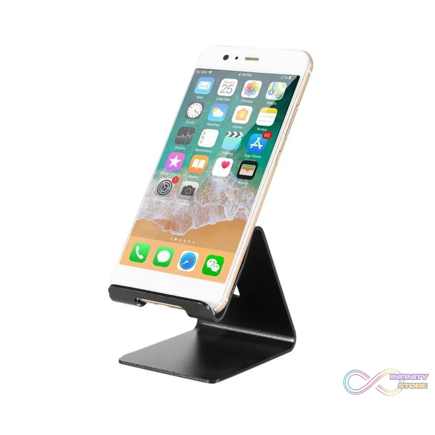 Phone stand with sturdy metal construction.