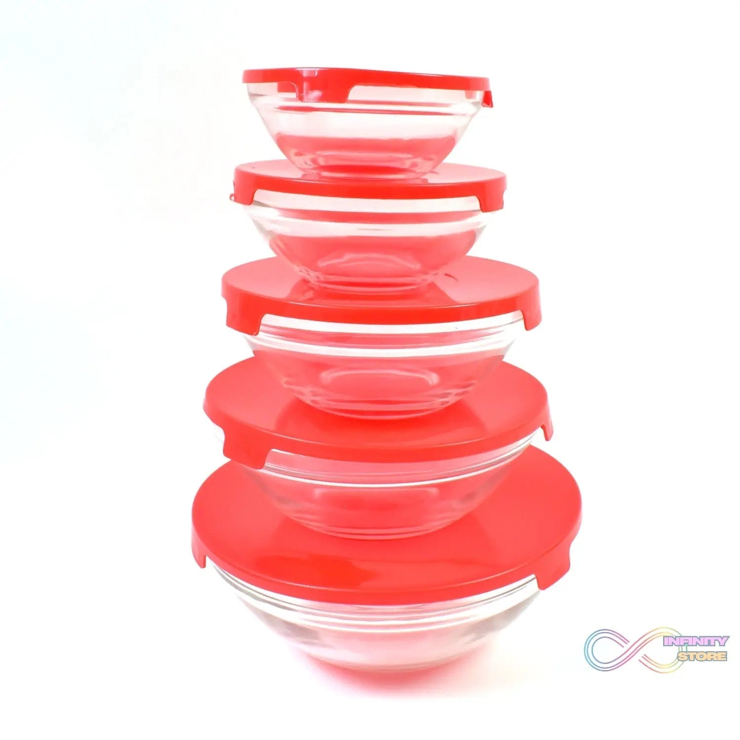 Modern Glass Bowl Set, Mixing / Storage Bowls with Red Lids (5 Pcs Set) - infinityexculsivestore.com