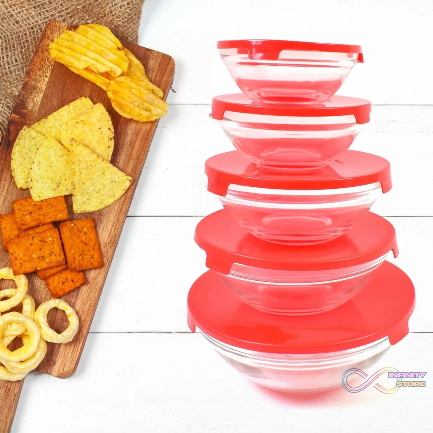 Modern Glass Bowl Set, Mixing / Storage Bowls with Red Lids (5 Pcs Set) - infinityexculsivestore.com