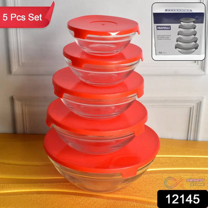 Modern Glass Bowl Set, Mixing / Storage Bowls with Red Lids (5 Pcs Set) - infinityexculsivestore.com