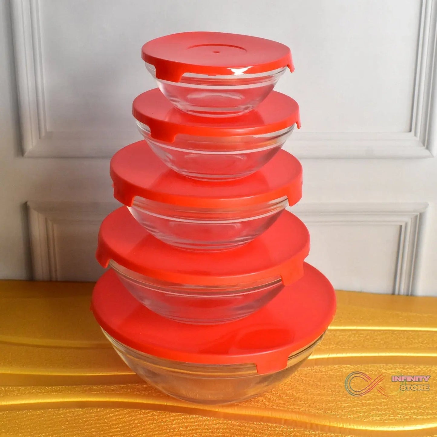 Modern Glass Bowl Set, Mixing / Storage Bowls with Red Lids (5 Pcs Set) - infinityexculsivestore.com