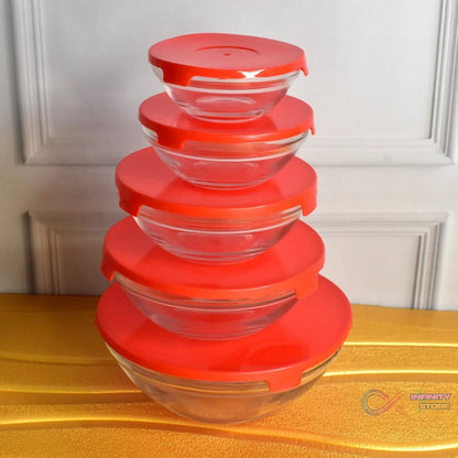 Modern Glass Bowl Set, Mixing / Storage Bowls with Red Lids (5 Pcs Set) - infinityexculsivestore.com