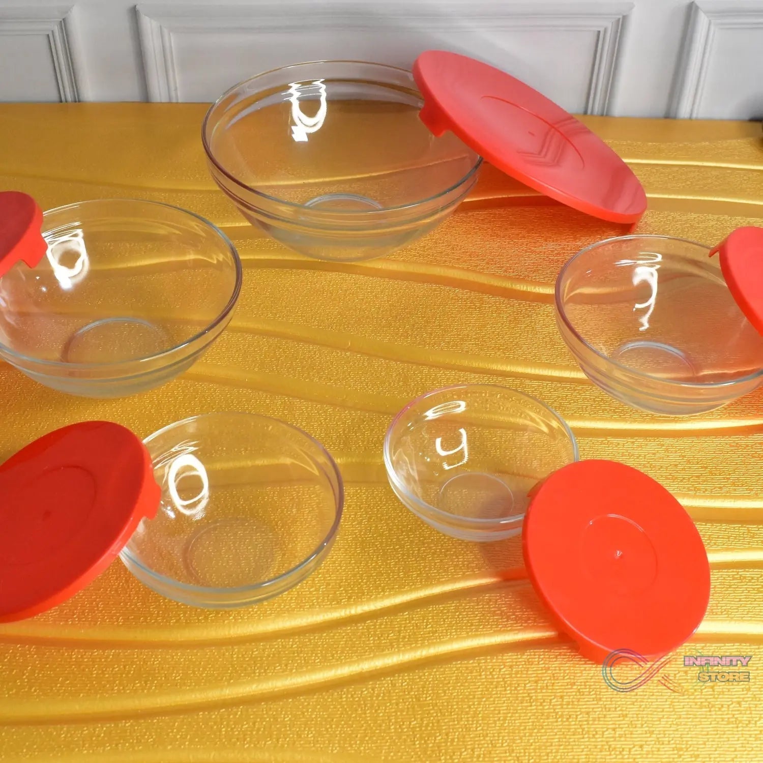 Modern Glass Bowl Set, Mixing / Storage Bowls with Red Lids (5 Pcs Set) - infinityexculsivestore.com