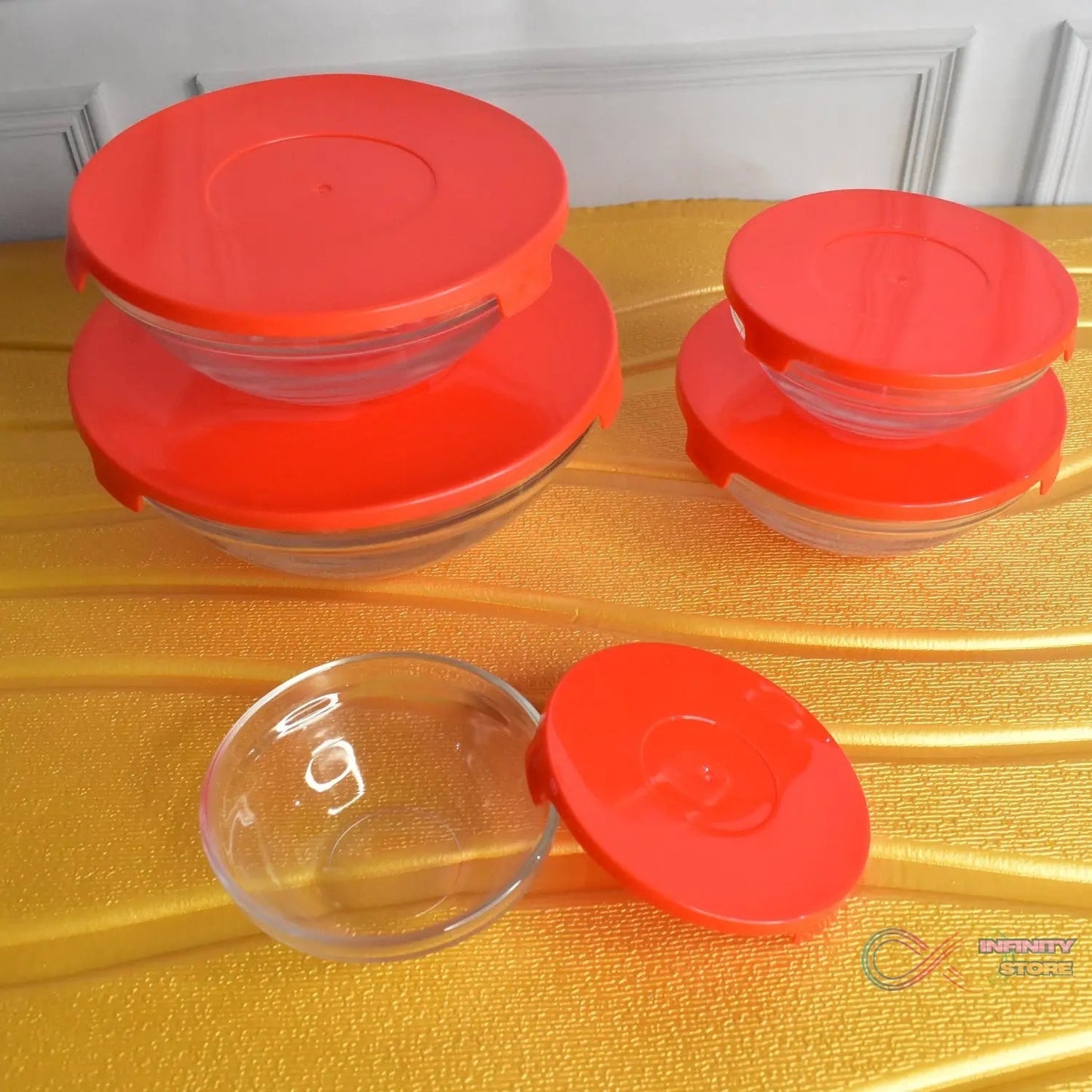 Modern Glass Bowl Set, Mixing / Storage Bowls with Red Lids (5 Pcs Set) - infinityexculsivestore.com