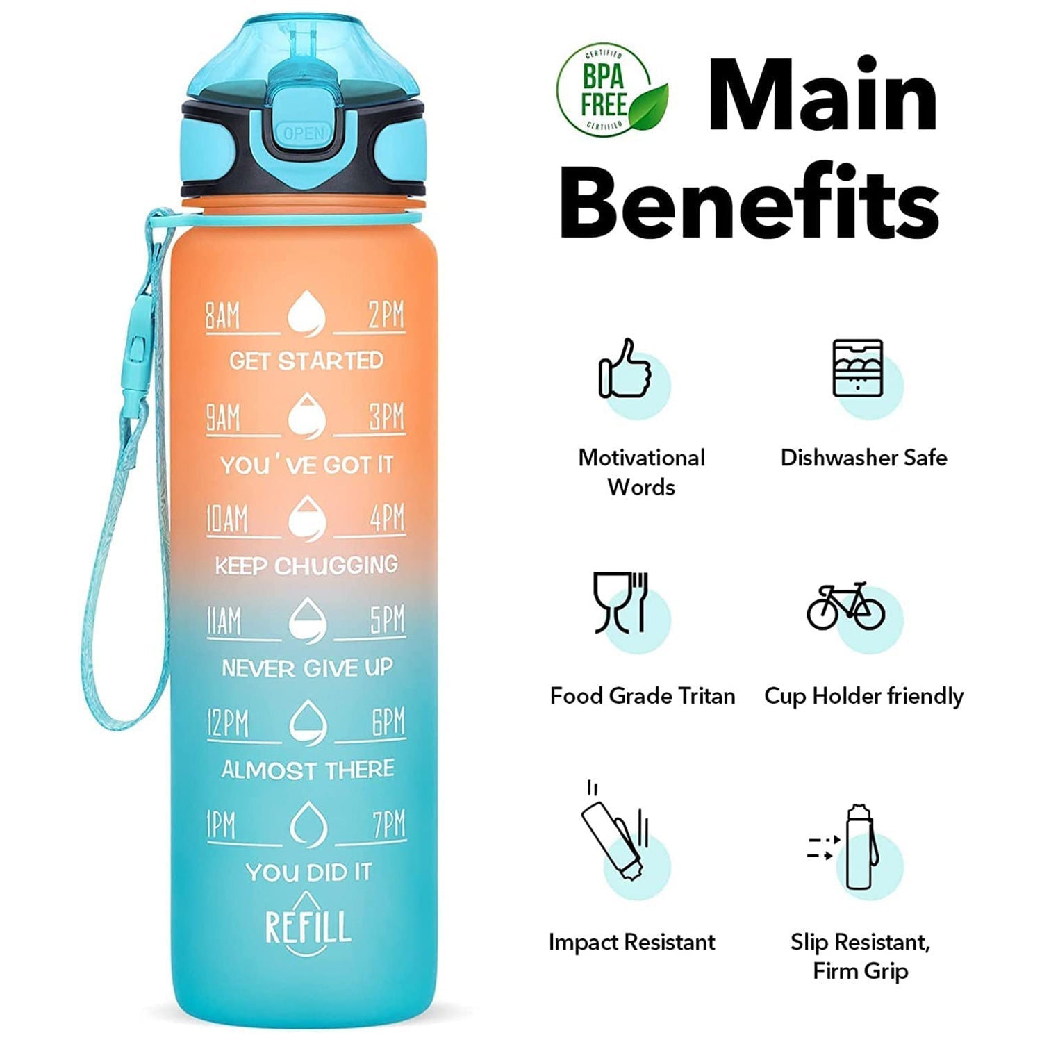 Motivational Water Bottle with Straw & Time Marker - Leakproof Tritan Portable Gym Bottle for Sports, Hiking & Camping - infinityexculsivestore.com