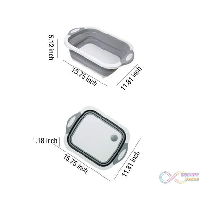 Compact foldable kitchen set with chopping board and dish rack.
