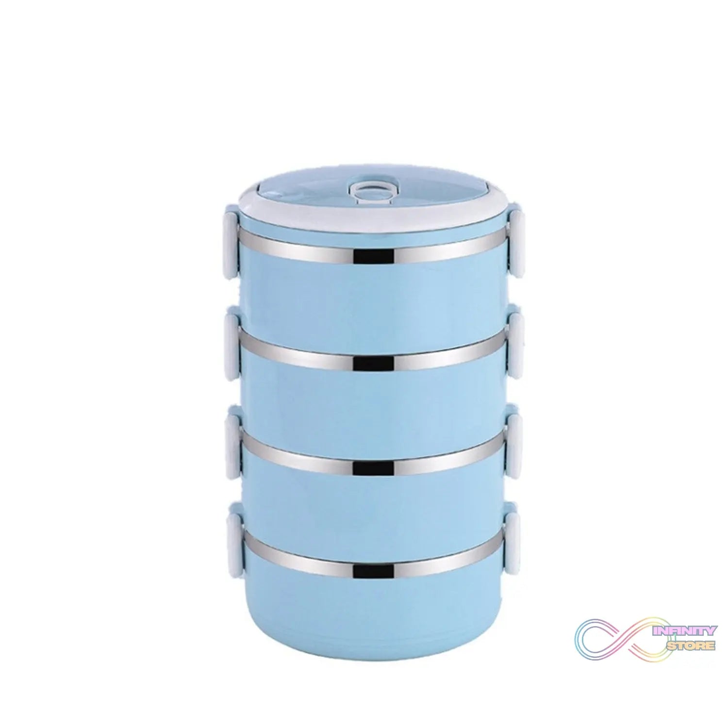 Multi-layered hot lunch box with four stainless steel layers.