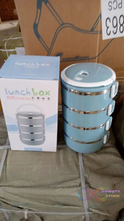 Stainless steel lunch box with four layers for hot food.