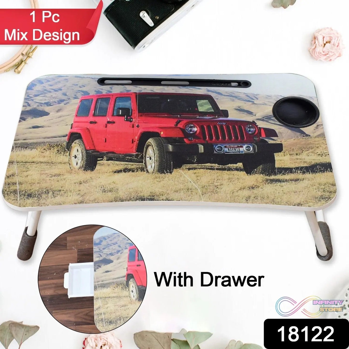 Multi - Purpose Laptop Desk for Study and Reading with Foldable, Cupholder & Drawer (1 Pc / Mix Catoon Design / 58×38 Cm) - infinityexculsivestore.com