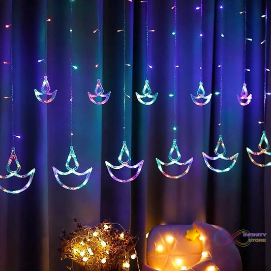 Multicolor 12 Diya Curtain String Lights, Window Curtain Lights with 8 Flashing Modes Decoration Light (Multi Color) - infinityexculsivestore.com