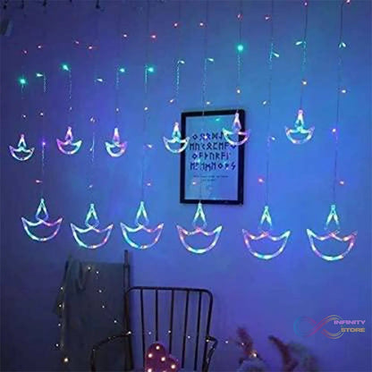 Multicolor 12 Diya Curtain String Lights, Window Curtain Lights with 8 Flashing Modes Decoration Light (Multi Color) - infinityexculsivestore.com