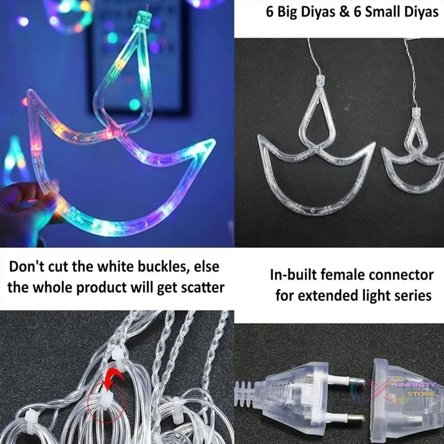 Multicolor 12 Diya Curtain String Lights, Window Curtain Lights with 8 Flashing Modes Decoration Light (Multi Color) - infinityexculsivestore.com