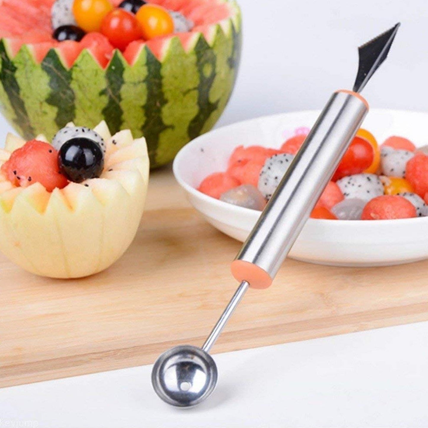 Multifunctional 2 in 1 Melon Baller - Stainless Steel Dig Scoop with Fruit Carving Knife. - infinityexculsivestore.com