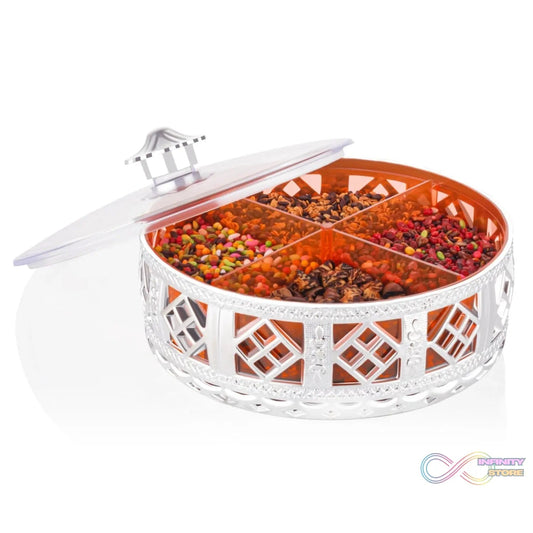 Multipurpose Dry Fruit Box 4 Section Dry Fruit Round Silver Gift Box (1 Pc) - infinityexculsivestore.com