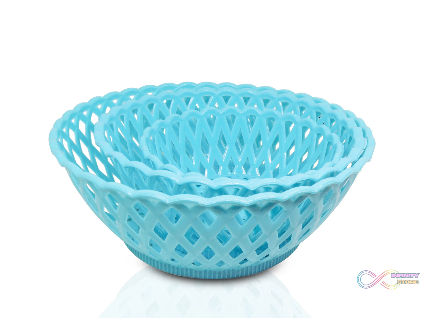 Set of three round plastic baskets for storage and organization.