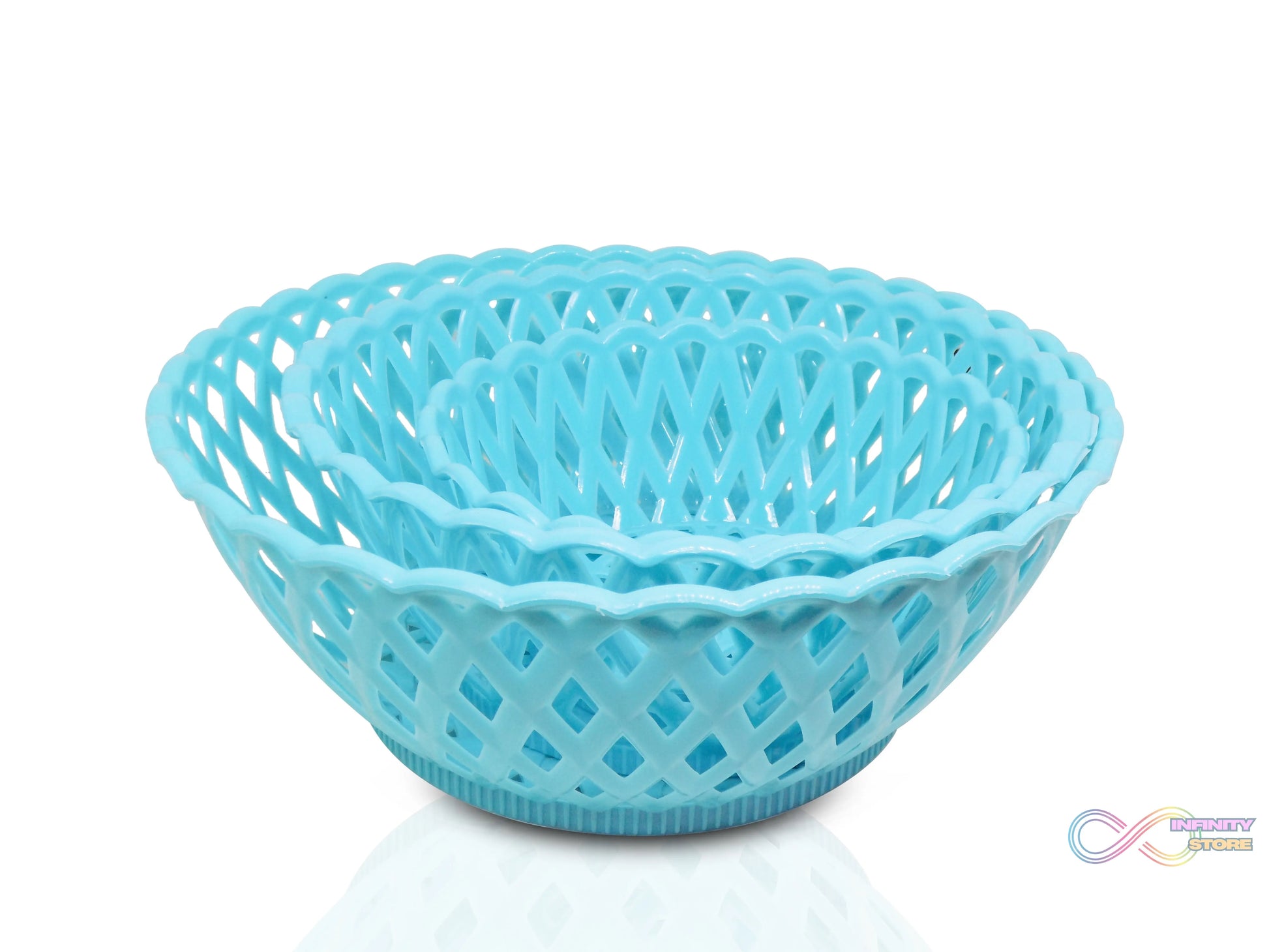 Set of three round plastic baskets for storage and organization.