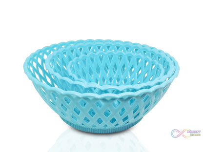 Set of three round plastic baskets for storage and organization.