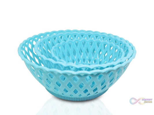 Set of three round plastic baskets for storage and organization.