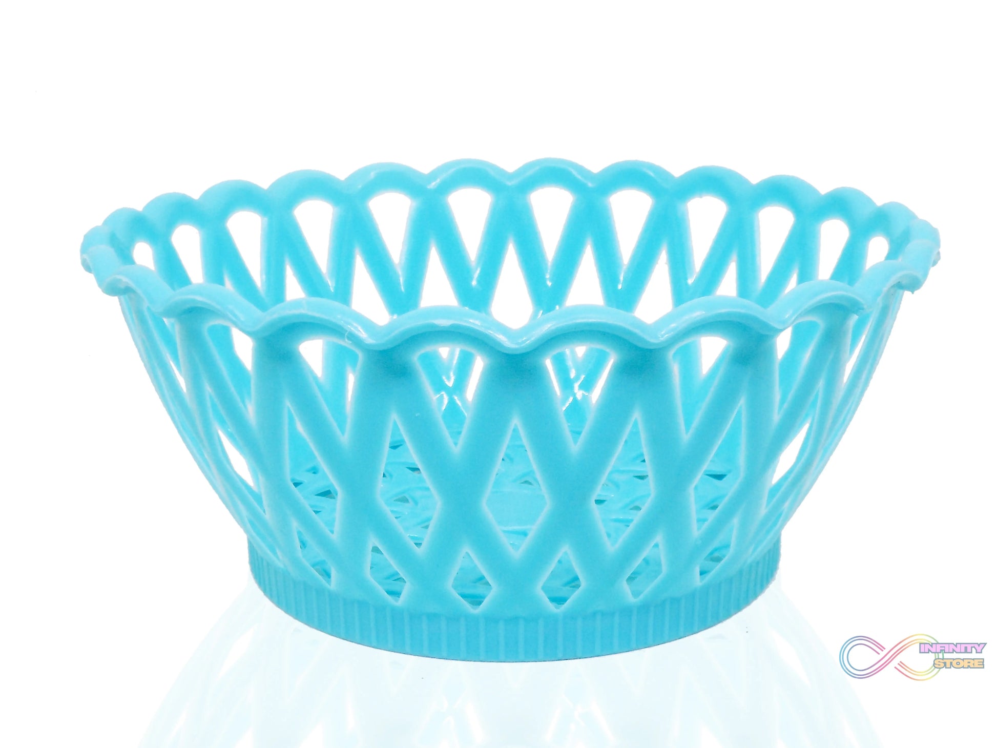 Plastic baskets in round shape for versatile storage.