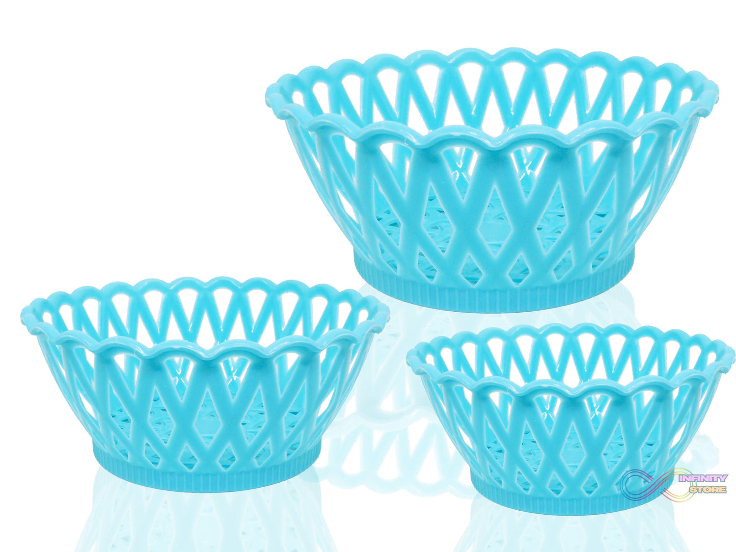 Set of three round plastic storage baskets for various uses.
