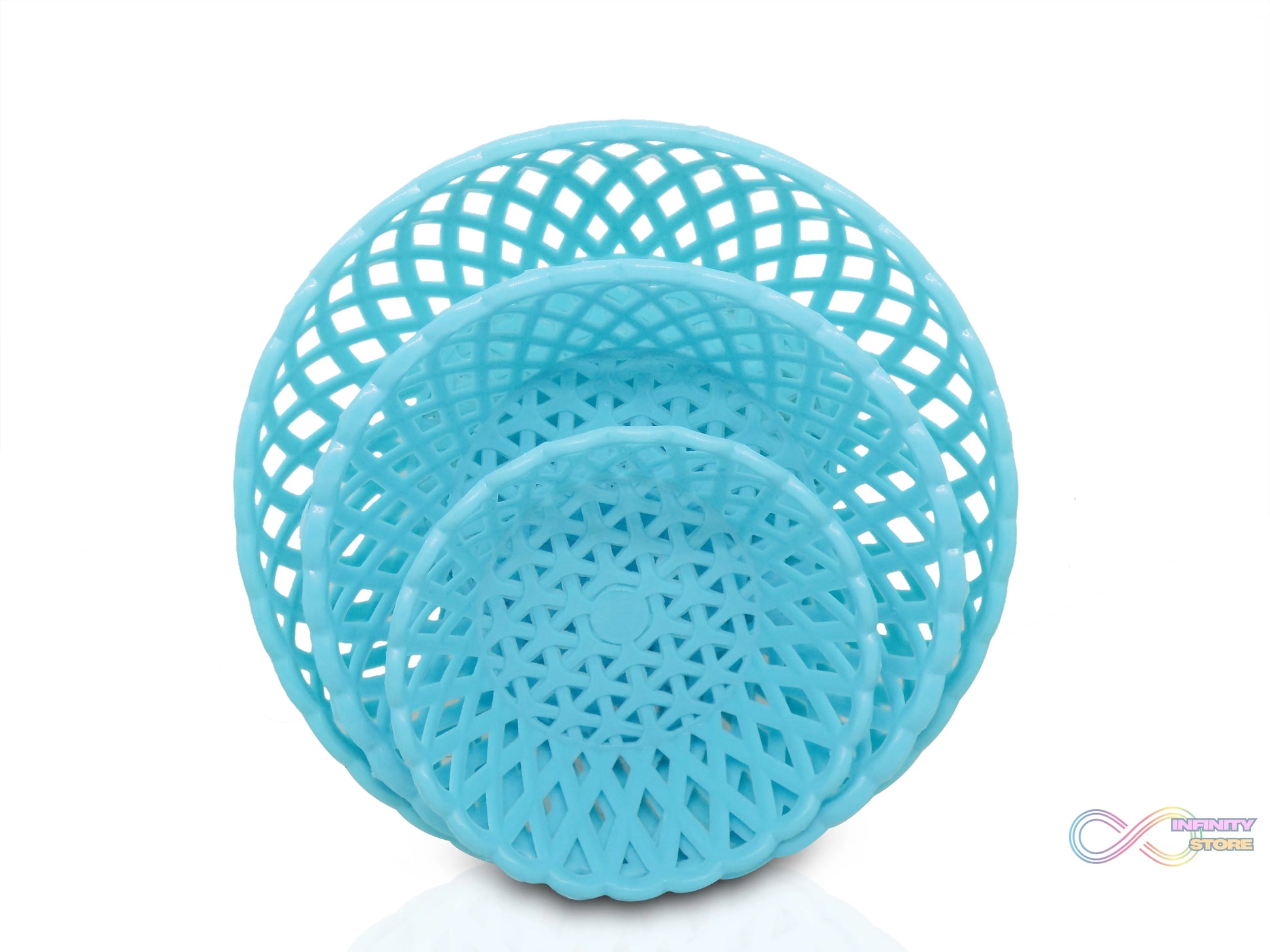 Durable round plastic trays for organizing and storage.