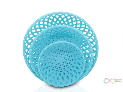 Durable round plastic trays for organizing and storage.