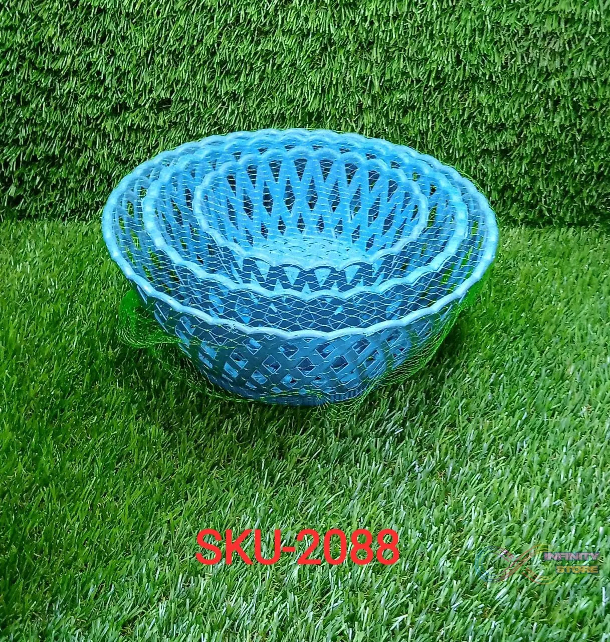 Round plastic storage baskets, set of three for home use.