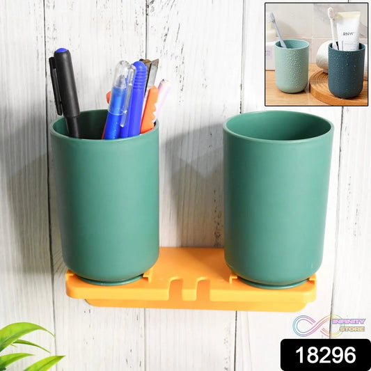 Multipurpose Wall Mount Toothbrush Holder Plastic Stand With 2 Cup (1 Set) - infinityexculsivestore.com