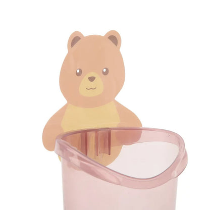 Multipurpose Wall Mount Toothbrush Holder Plastic Stand for Toothpaste, Comb, Brush, Cream, Lotion Kids Bathroom Cup Drain Waterproof Self - Adhesive, Teddy Bear - infinityexculsivestore.com