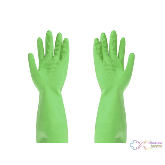 Green rubber cleaning gloves for household tasks.
