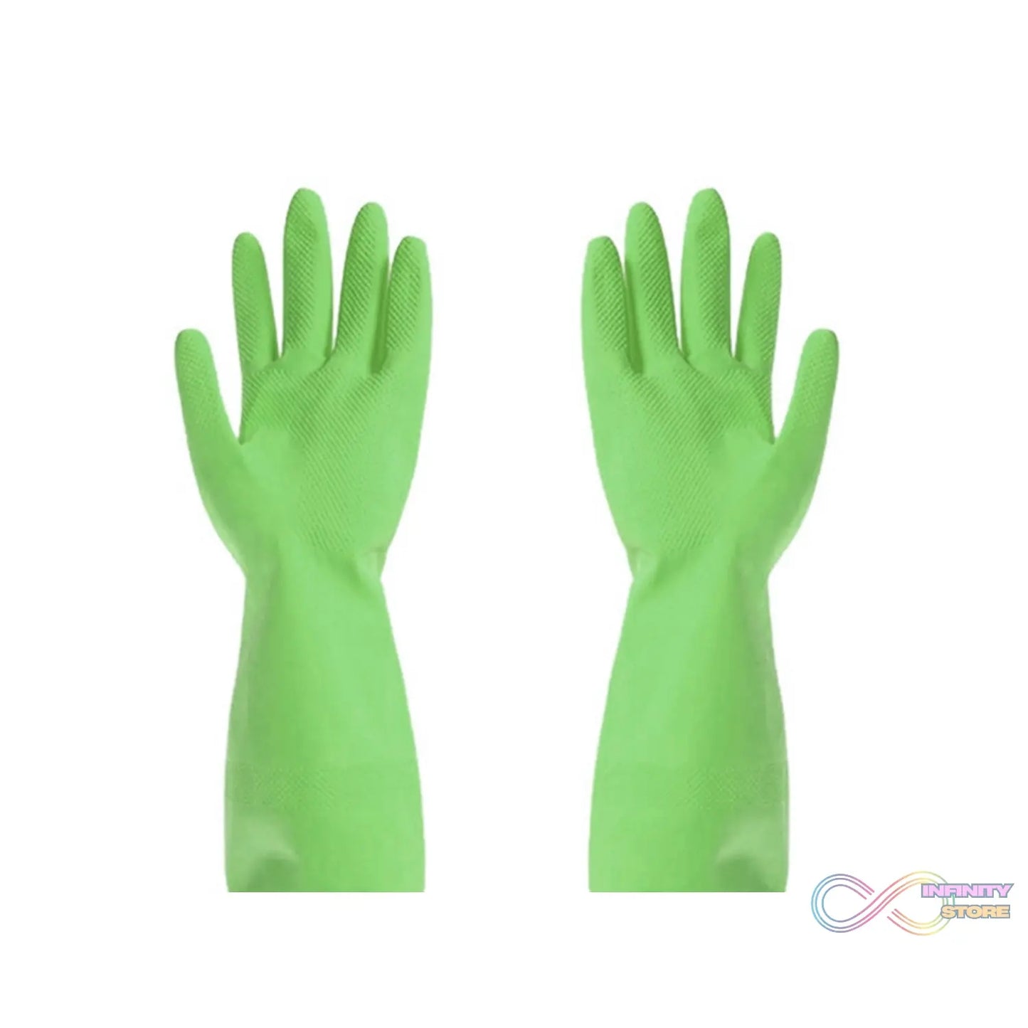 Green rubber gloves designed for cleaning purposes.