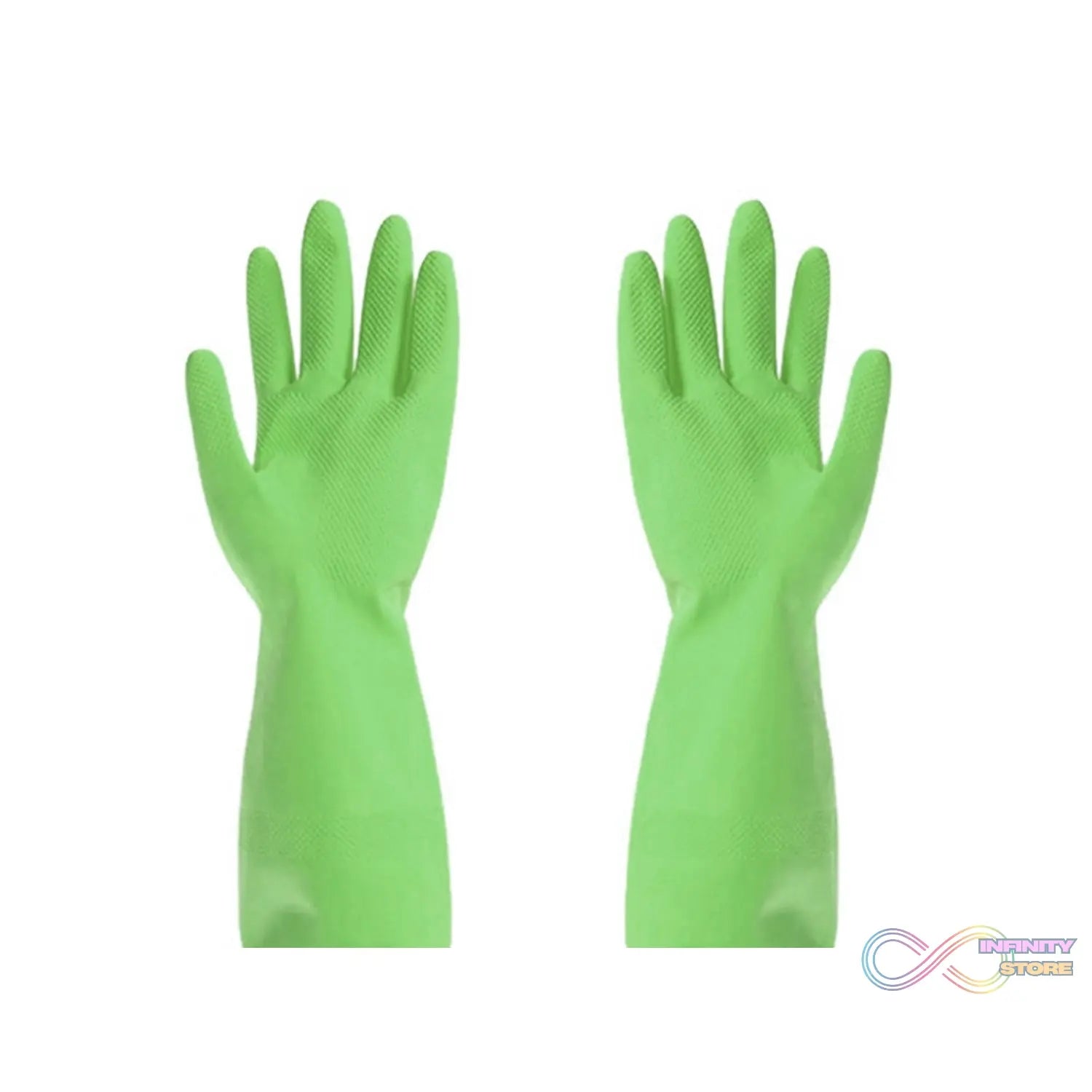 Green rubber gloves designed for cleaning purposes.