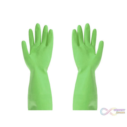 Green rubber gloves designed for cleaning purposes.